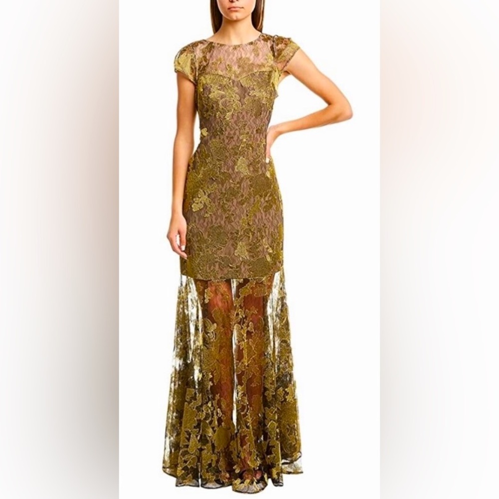 NWT Halston Evening Collection Metallic Embroidered Lace Cap Sleeve Gown Size 14